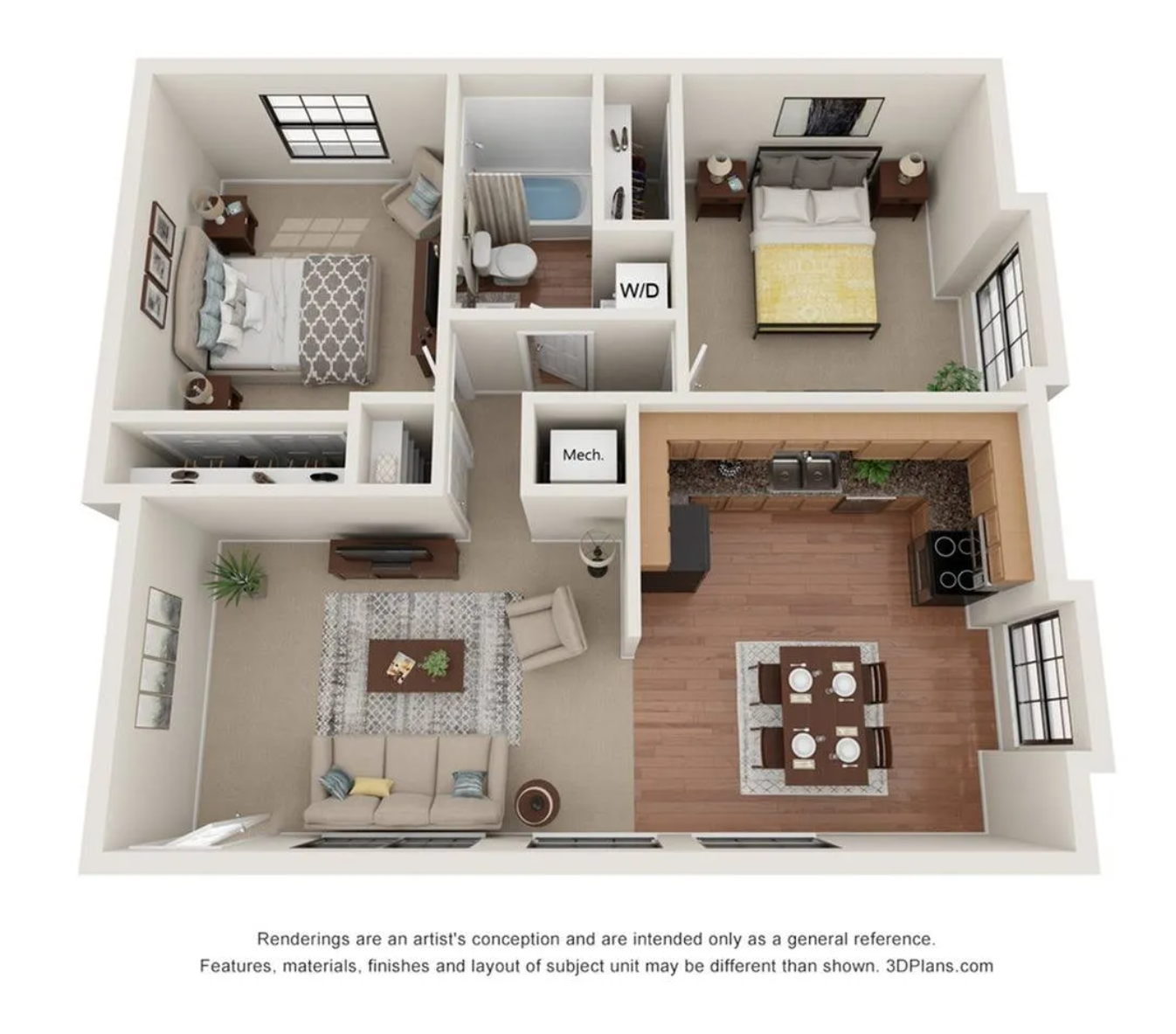Floor plan for 2 beds, 1 bath, 850 sqft